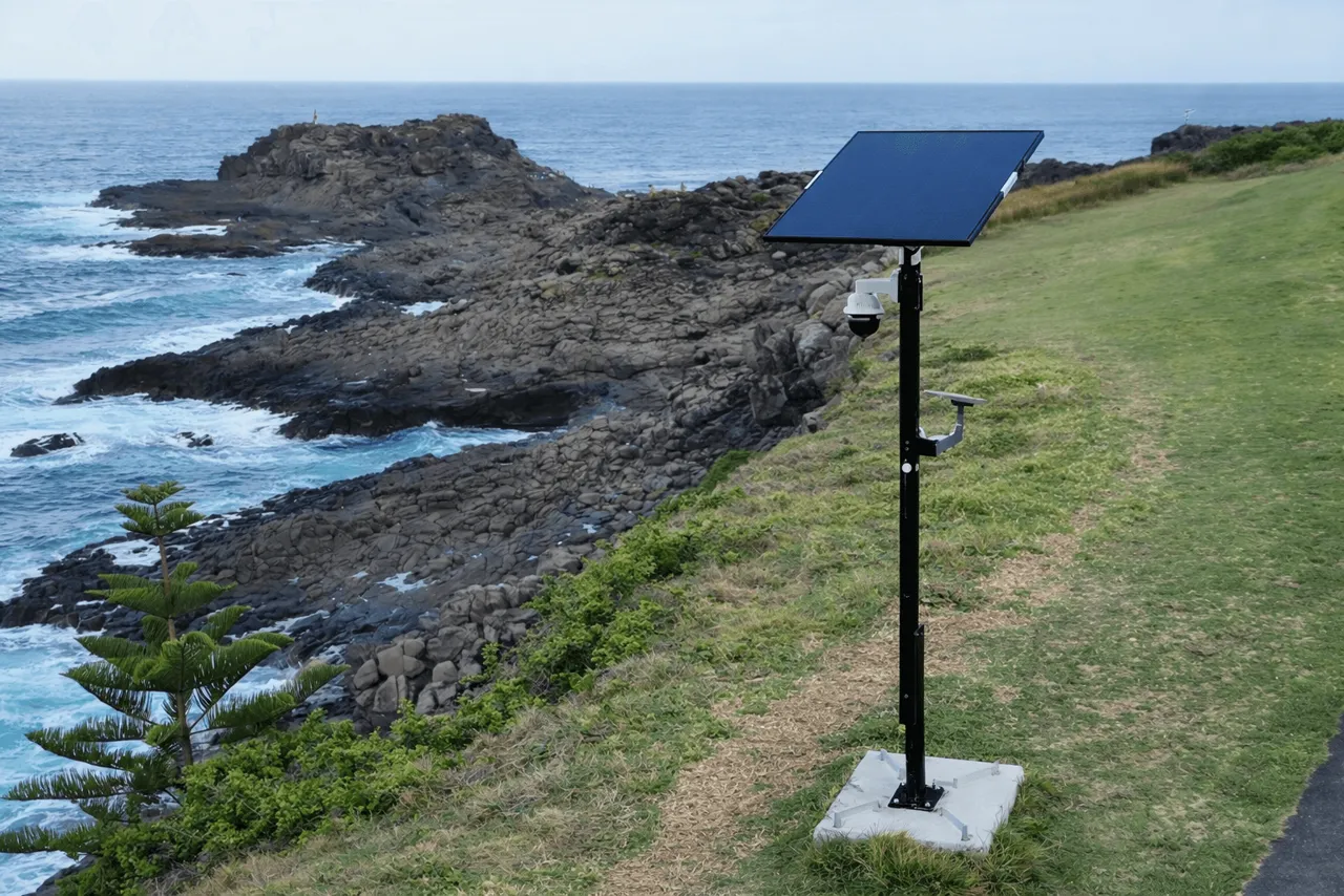 A solar-powered ResQVision camera above the rock shelf at Kiama
